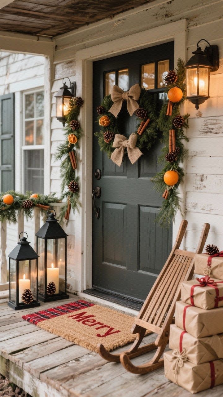 Medium porch vignette of a rustic farmhouse entry: weathered wood textures, layered doormats (neutral jute base under a red plaid “Merry” mat), tall black metal lanterns in varying heights filled with flameless candles and pinecones flanking the door, a full real-touch garland wrapped along the railing with tucked-in cinnamon sticks, dried oranges, and burlap bows, and a wooden sled leaned beside a stack of kraft-paper wrapped “gifts”; warm candle glow.