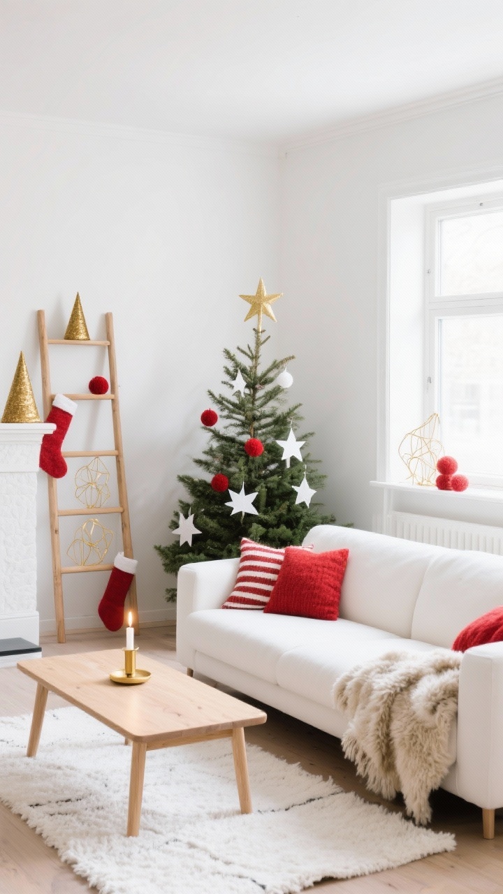 Medium, Scandinavian minimal view: low-profile white sofa, light oak coffee table, simple ladder shelf; accents of red wool pillows, striped red-and-white stockings, and a gold cone tree trio on the mantel; sparse natural-looking tree with white paper ornaments, red felt balls, and delicate gold wire stars; shearling throws and a white cotton rug emphasizing lightness; soft white, cherry red, matte gold; cotton, wool, light wood, paper; bright daylight, airy atmosphere; include a simple advent candle in a gold holder on the coffee table.