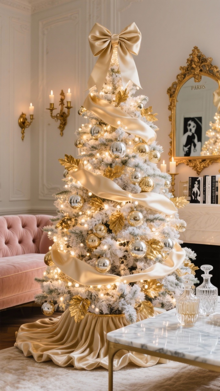 Medium shot: A champagne-and-gold flocked Christmas tree glowing like bubbly in a Parisian glam setting, styled with cascading satin ribbons, mercury glass ornaments, and gold leaf picks tucked into branches for depth; warm-white LED string lights on dimmers for a candlelit glow; oversized double-faced satin bow topper; in the background a blush velvet tufted sofa, marble coffee table with crystal decanters, pleated silk tree skirt, antique brass sconces, and an ornate gold mirror with black-and-white fashion books; luxurious, softly lit, photorealistic.