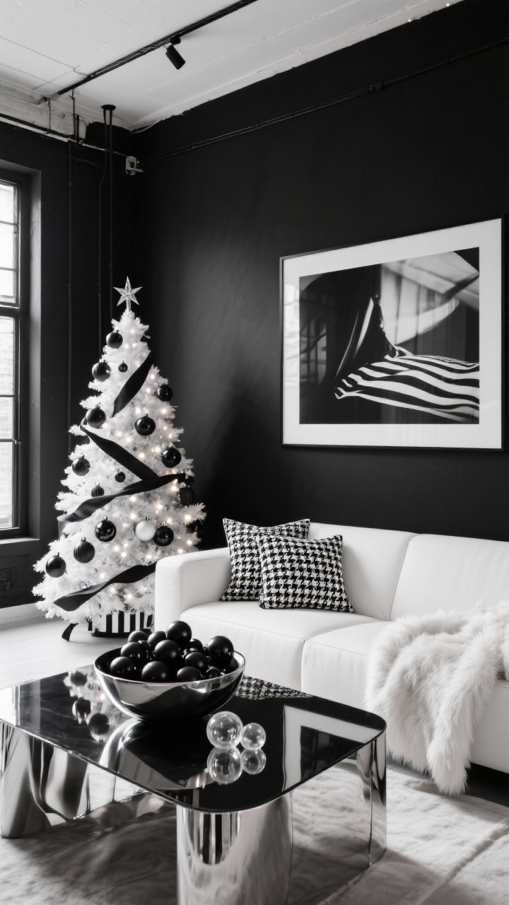 Medium shot, Black & White Graphic Loft: monochrome modern loft with black accent wall, white sofa, and chrome/lacquer accents; Christmas tree with white lights and only black-and-white ornaments—stripes, matte spheres, graphic shapes—with sleek black satin ribbon; glossy coffee table holding a sculptural bowl filled with black ornaments and a few clear ones; oversized black-and-white photography on the wall; textiles include houndstooth pillows and a white faux fur throw; crisp, high-contrast lighting, photorealistic.