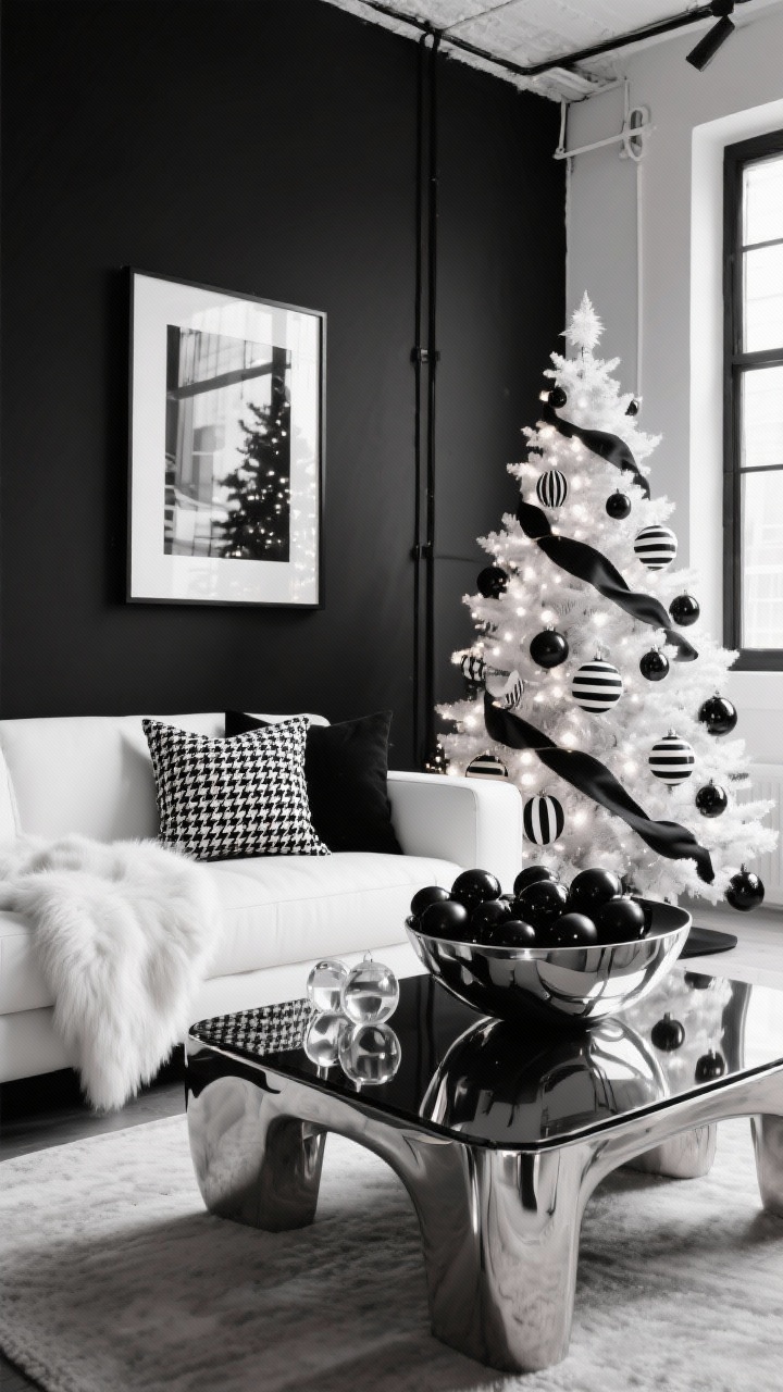Medium shot, Black & White Graphic Loft: monochrome modern loft with black accent wall, white sofa, and chrome/lacquer accents; Christmas tree with white lights and only black-and-white ornaments—stripes, matte spheres, graphic shapes—with sleek black satin ribbon; glossy coffee table holding a sculptural bowl filled with black ornaments and a few clear ones; oversized black-and-white photography on the wall; textiles include houndstooth pillows and a white faux fur throw; crisp, high-contrast lighting, photorealistic.