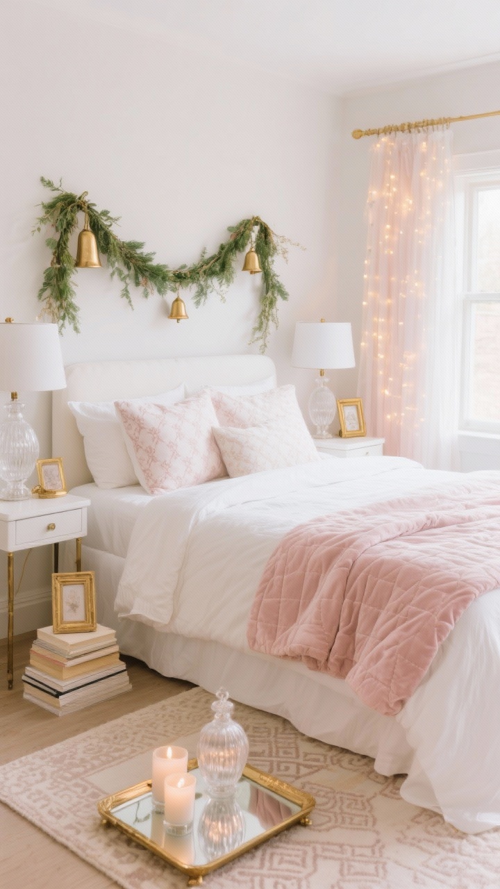 Medium shot, Blush & Gold Bedroom Retreat: serene bedroom with warm whites, blush accents, and brushed gold; bed dressed in crisp white linens with a blush velvet quilt folded at the foot and oversized euro shams in a subtle pattern; slim fresh greenery swag with delicate gold bells hung over the headboard; nightstands with white lamps, small vintage-style gold frames, and a single frosted glass ornament atop a book stack; sheer curtains with twinkle lights tucked behind for window glow; pale Moroccan-inspired rug; frosted votives on a mirrored tray; soft, romantic lighting, photorealistic.