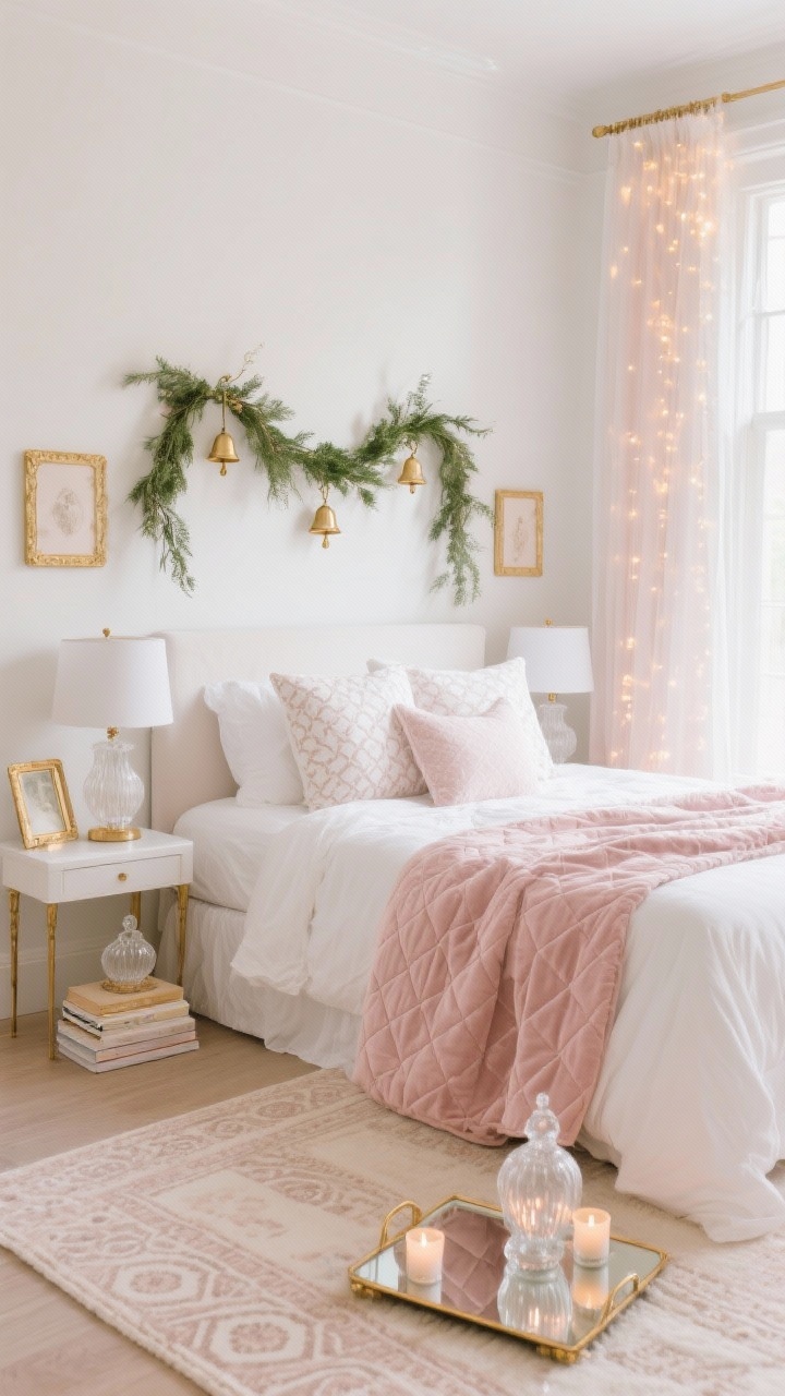 Medium shot, Blush & Gold Bedroom Retreat: serene bedroom with warm whites, blush accents, and brushed gold; bed dressed in crisp white linens with a blush velvet quilt folded at the foot and oversized euro shams in a subtle pattern; slim fresh greenery swag with delicate gold bells hung over the headboard; nightstands with white lamps, small vintage-style gold frames, and a single frosted glass ornament atop a book stack; sheer curtains with twinkle lights tucked behind for window glow; pale Moroccan-inspired rug; frosted votives on a mirrored tray; soft, romantic lighting, photorealistic.