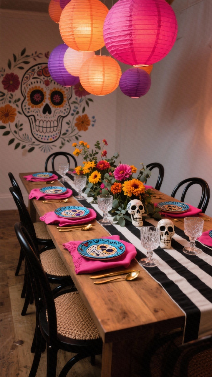 Medium shot — Calavera Chic Dining Room: A long simple wooden table with a black-and-white striped runner, hand-painted calavera plates, embroidered napkins in hot pink and cobalt, cut-crystal water glasses, hammered brass flatware, and ceramic skull napkin rings. Low floral arrangement of marigolds, dahlias, and eucalyptus with tiny sugar skull figurines tucked in. Overhead cluster of paper lanterns in fuchsia, orange, and violet glowing softly. Matte-black wishbone chairs with woven seats around the table. A subtle floral calavera mural on one wall in the background. Shot from a slight corner angle at table height, warm ambient evening light, photorealistic.