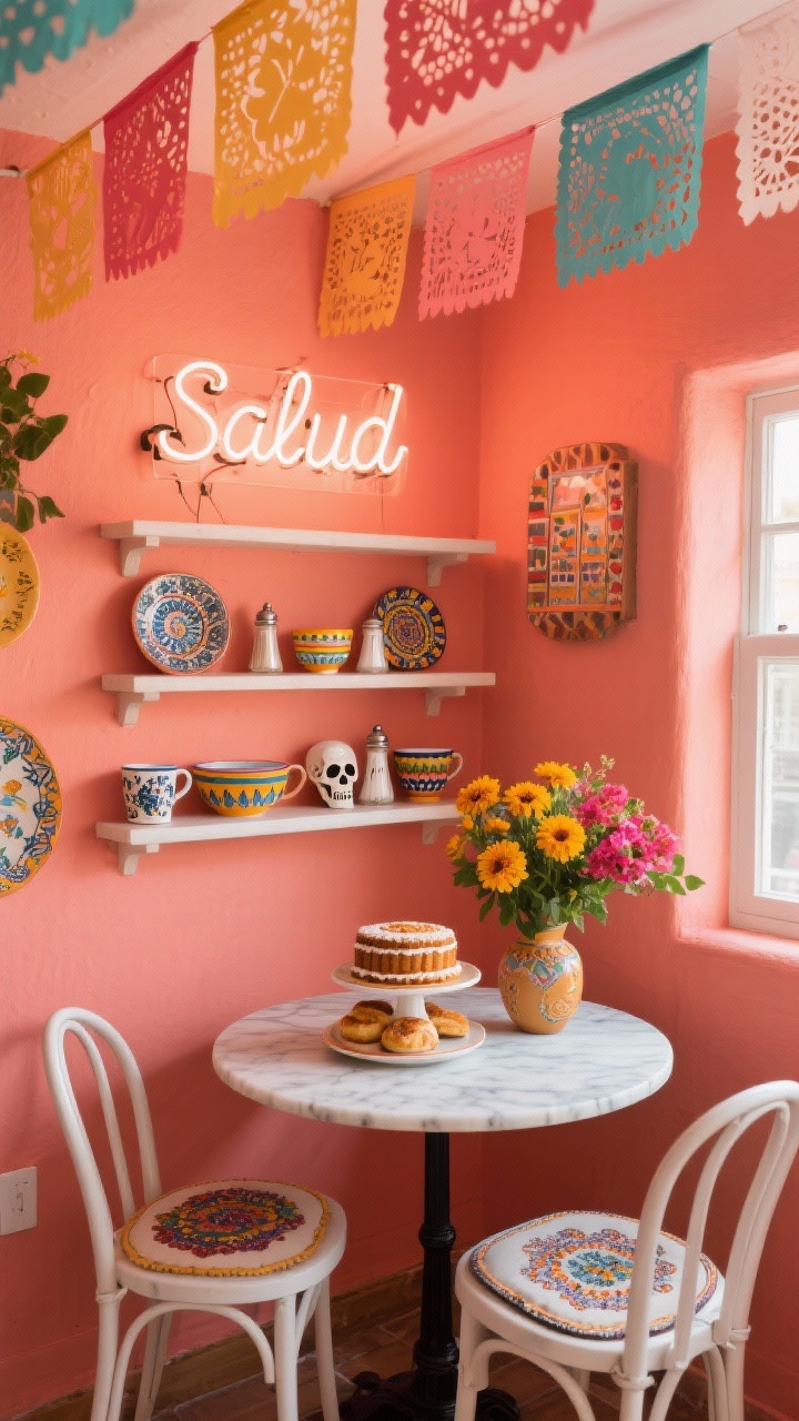 Medium shot — Casa Cantina Kitchen Nook: A cheerful breakfast corner painted sunset coral with open shelves displaying bright Talavera mugs, patterned bowls, and skull-shaped salt and pepper shakers. A round marble bistro table topped with a cake stand stacked with pan dulce and a vase bursting with marigolds and bougainvillea. A small neon “Salud” sign glowing above the table. White metal café chairs with embroidered seat cushions. Massive papel picado banners spanning the ceiling for movement. Shot from a corner angle with lively, slightly warm lighting, photorealistic.