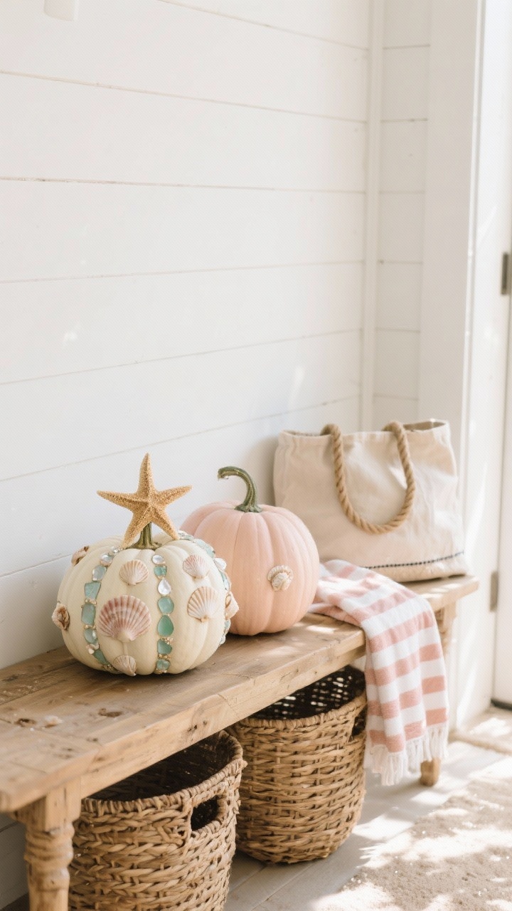 Medium shot, coastal entry bench: white shiplap wall, natural wood bench, woven baskets below. On the bench, seashell-encrusted pumpkins in ivory and pale blush featuring tiny scallops, mother-of-pearl chips, and sea glass grouted between; one pumpkin topped with a whimsical starfish stem. A striped Turkish towel draped casually and a canvas tote with rope handles to the side. Sunlight creating shell shimmer like wet sand; palette of white, sand, seafoam, blush; photorealistic.