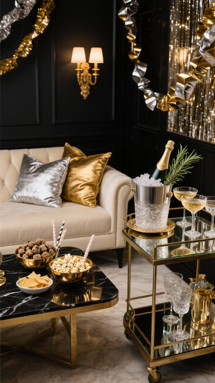 Medium shot, corner angle: A glam champagne lounge vignette featuring a cream velvet sofa, black marble coffee table, mirrored bar cart sparkling with reflections, and antique brass sconces. Metallic velvet pillows in silver, gold, and champagne glow under moody low lighting. A bubbly bar setup on the cart: coupe glasses on a glass tray, a towering champagne bucket packed with crushed ice, gilded bowls filled with truffle popcorn and parmesan crisps, and sugar-dipped rosemary sprigs as edible stirrers. Metallic ribbon garlands shimmer in the background. Color palette: champagne, gold, silver, black. Photorealistic.