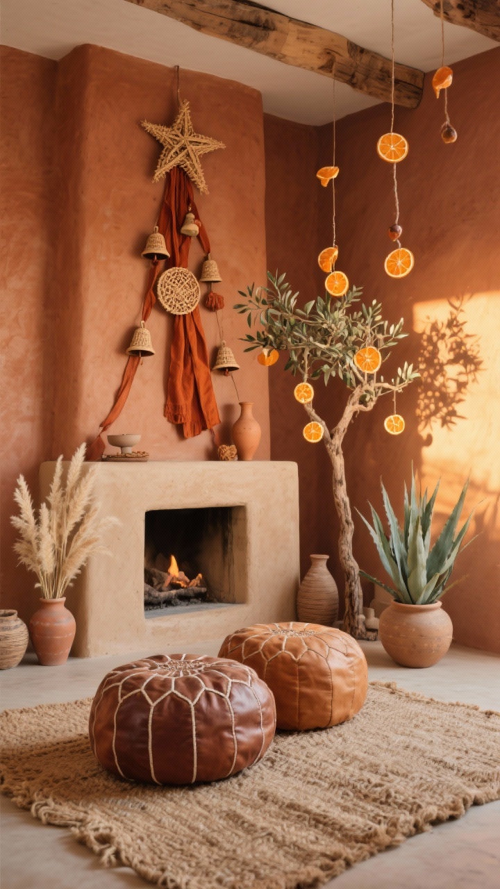 Medium shot — Desert Solstice Den: A warm boho corner featuring terracotta and sand-toned walls, a low earthy plaster fireplace, a minimalist olive tree “Christmas tree” decorated with woven straw stars, clay bells, and rust/ochre hand-dyed ribbons, leather poufs on a chunky jute rug, strands of hanging dried orange slices with pampas grass sprigs, ceramic vases holding agave leaves, sunlight casting golden, sunset-like illumination; palette of clay, camel, rust, and sage, with raw wood and linen textures.