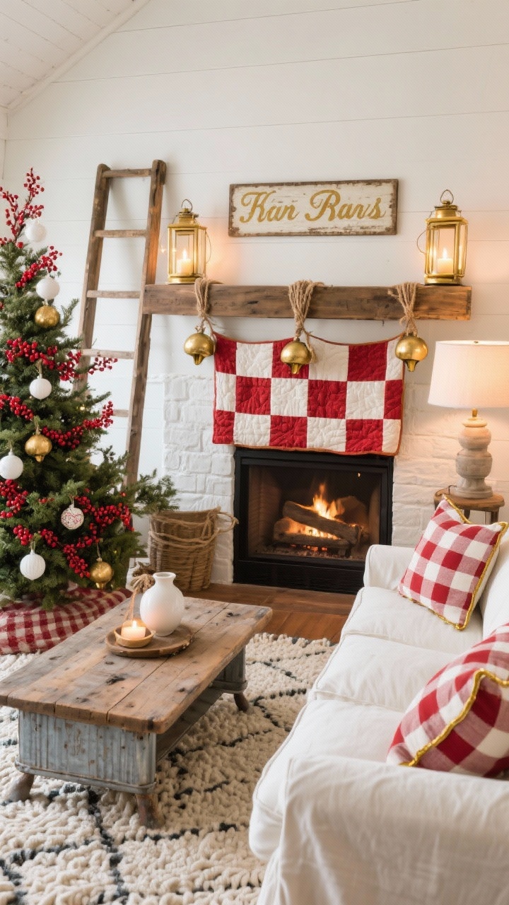 Medium shot, farmhouse hearth: slipcovered white sofa, distressed wood coffee table, chunky knit rug; buffalo check red-and-white pillows mixed with linen cushions edged in gold piping; tree trimmed with red berry sprigs, white ceramic ornaments, and gold jingle bells tied with twine; fireplace framed by a red-and-white quilt over a ladder and a pair of gold lanterns glowing with LED candles; include a vintage-style sign with gold lettering; soft white, barn red, muted gold; linen, ceramic, galvanized metal, wood; cozy, warm lamp and candlelight.