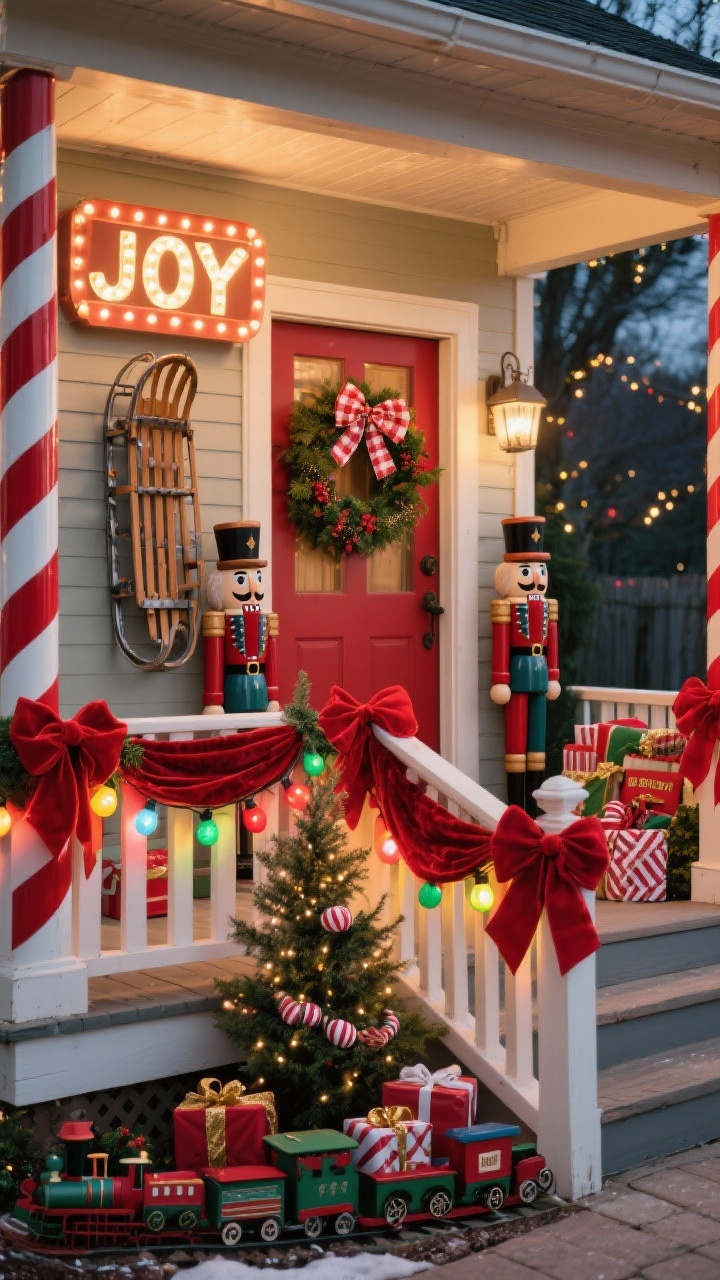 Medium shot from porch corner: A nostalgic vintage toy workshop porch framed by red-and-white candy cane stakes and two wooden nutcrackers standing guard. Railing draped with classic red velvet bows; multicolor C9 bulb lights strung along for retro pop. A vintage sled mounted on the wall, metal train figurines circling the base of a small porch tree. Weatherproof wrapped faux gifts clustered by the door, and a checked ribbon wreath centered on the door. A lit marquee “JOY” sign glows. Palette: cherry red, holly green, peppermint white, gold accents. Photorealistic, evening twinkle.