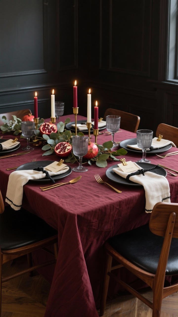 Medium shot, modern heritage Thanksgiving table set in a moody dining room: deep bordeaux linen tablecloth puddling at the corners, matte black stoneware plates, antique brass flatware, smoky gray glass goblets, slim brass taper candleholders with oxblood and ivory tapers, a low runner of eucalyptus and bay leaves with halved pomegranates as a tonal, fragrant centerpiece; mid-century walnut chairs with black leather seats; crisp ivory napkins with a narrow black border tied with suede cord; deckled cream place cards clipped with tiny brass bulldog clips. Soft evening glow from candles, refined yet not formal, clean silhouettes, photorealistic.