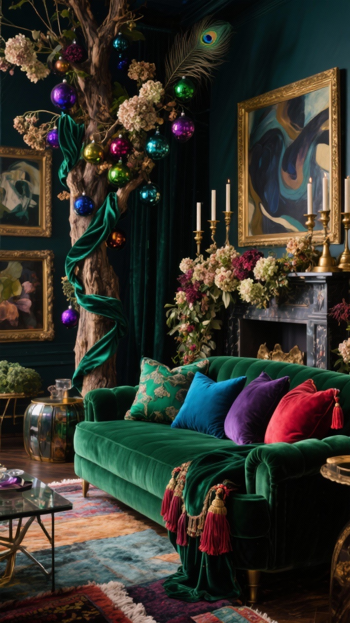 Medium shot: Moody jewel-tone maximalist living room with a deep green velvet sofa layered with emerald, sapphire, amethyst, and ruby pillows with fringe and tassels; dramatic tree with velvet ribbon, rich-colored glass baubles, and oversized floral picks; mantel garland woven with dried hydrangeas, peacock feathers, and brass candlesticks; materials include velvet, mohair, lacquer, smoked glass; gilded frames with moody abstracts; layered rugs; low, luxurious lighting.