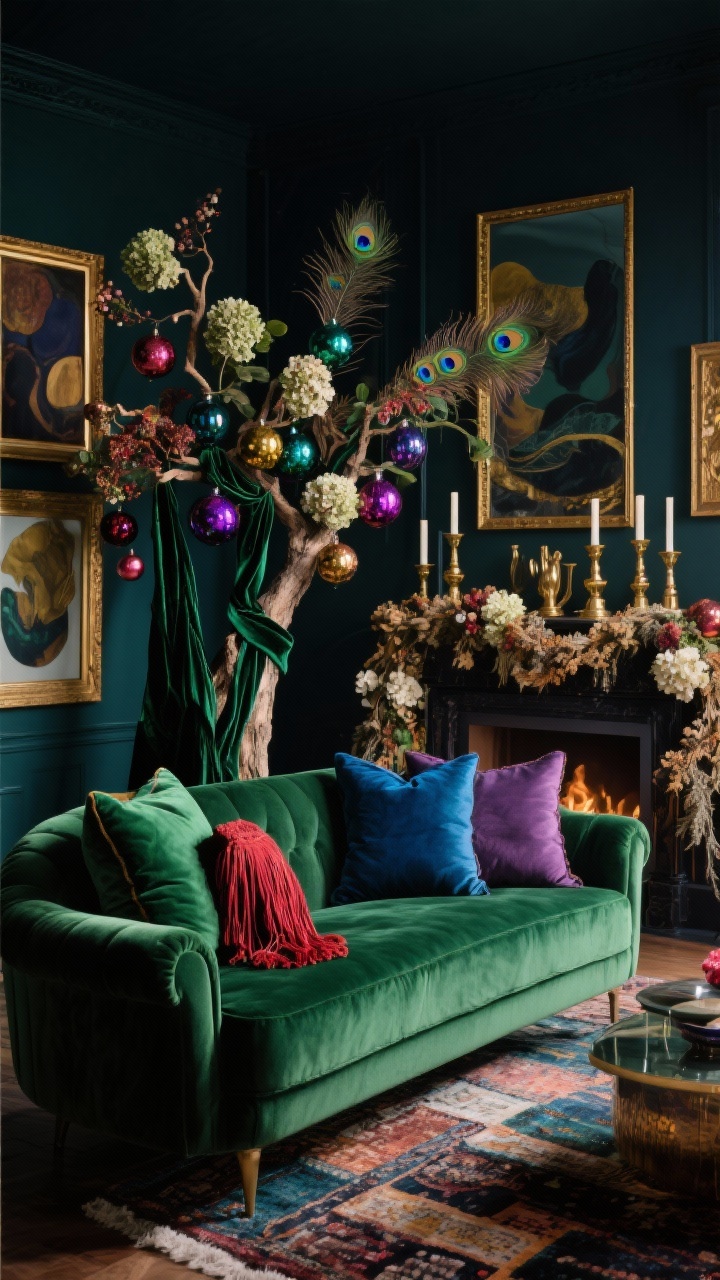 Medium shot: Moody jewel-tone maximalist living room with a deep green velvet sofa layered with emerald, sapphire, amethyst, and ruby pillows with fringe and tassels; dramatic tree with velvet ribbon, rich-colored glass baubles, and oversized floral picks; mantel garland woven with dried hydrangeas, peacock feathers, and brass candlesticks; materials include velvet, mohair, lacquer, smoked glass; gilded frames with moody abstracts; layered rugs; low, luxurious lighting.