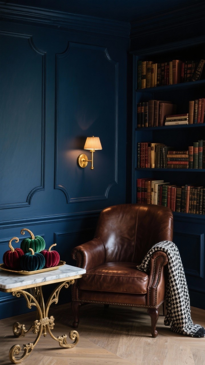 Medium shot, moody library nook: ink-blue walls with built-in shelves filled with leather-bound books, a deep brown leather club chair, dimmable brass sconce casting warm light. On a marble-topped side table sits an antique-brass tray holding velvet pumpkins in emerald, oxblood, and midnight with real curling stems. Add a herringbone wool throw over the chair arm. Dramatic, quietly luxurious atmosphere, photorealistic.