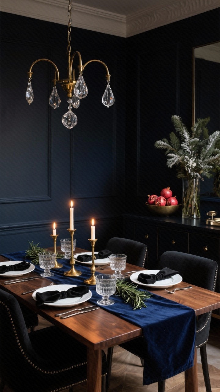 Medium shot, Moody Midnight Glam Dining Room: candlelit dining space with deep navy/charcoal walls, walnut table, and black upholstered chairs; inky blue velvet table runner centered with low gold candlesticks and clear glass hurricanes; white plates with black flatware and linen napkins tied in slim black velvet ribbon with a sprig of rosemary; chandelier above adorned with a few crystal drops and hanging clear glass ornaments; sideboard holding a bowl of pomegranates and a tall arrangement of winter greens; dimmed warm lighting for an intimate glow, no people, photorealistic.