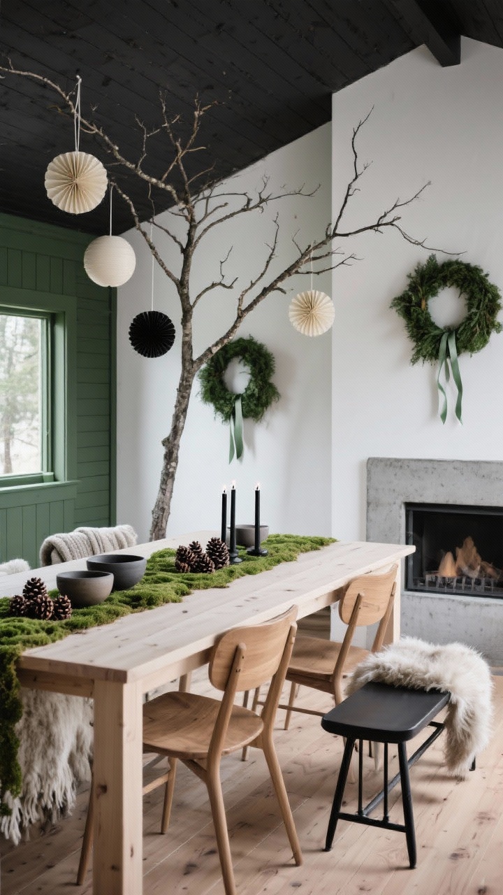 Medium shot — Nordic Noir Cabin dining scene: Forest minimalism with soft charcoal and bone white walls, pine green accents, light oak floors, and a lean concrete fireplace; a pale wood dining table set with a runner of live moss, matte black taper candles, and ceramic bowls of pinecones; a bare-branched tree with a few oversized paper ornaments in cream and black; minimal greenery wreaths with uncut ribbon tails; quiet, soft natural light emphasizing wool throws and sheepskin-draped chairs, slimline oak dining chairs and a black spindle bench.