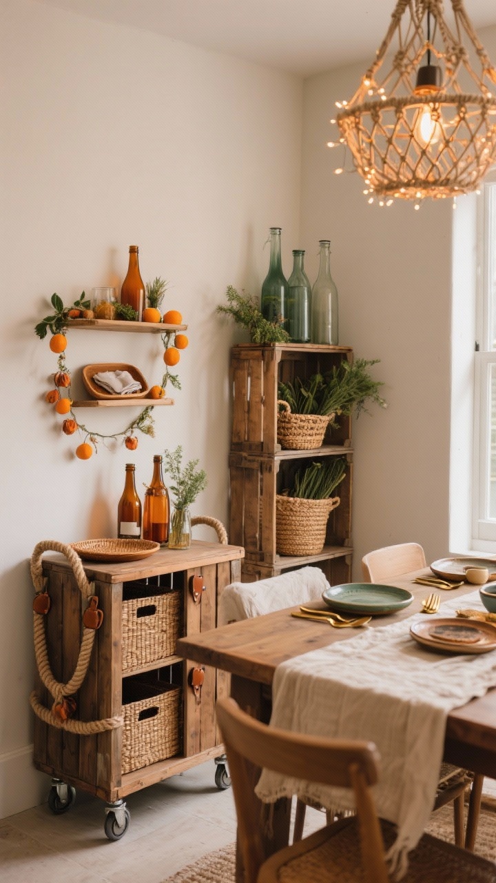 Medium shot of a boho dining room corner: rolling bar cart formed from natural wood milk crates on locking casters, secured with jute rope and fitted with leather pulls. Styled with rattan trays, amber glass bottles, dried citrus garlands. Nearby table set with a linen runner, ceramic plates, mismatched brass cutlery. Overhead macramé pendant with fairy lights casting warm glow. A crate tower in the corner displays carafes, herb bundles, and woven baskets of napkins. Palette: terracotta, olive, cream, amber. Warm, layered textures, cozy ambient lighting.