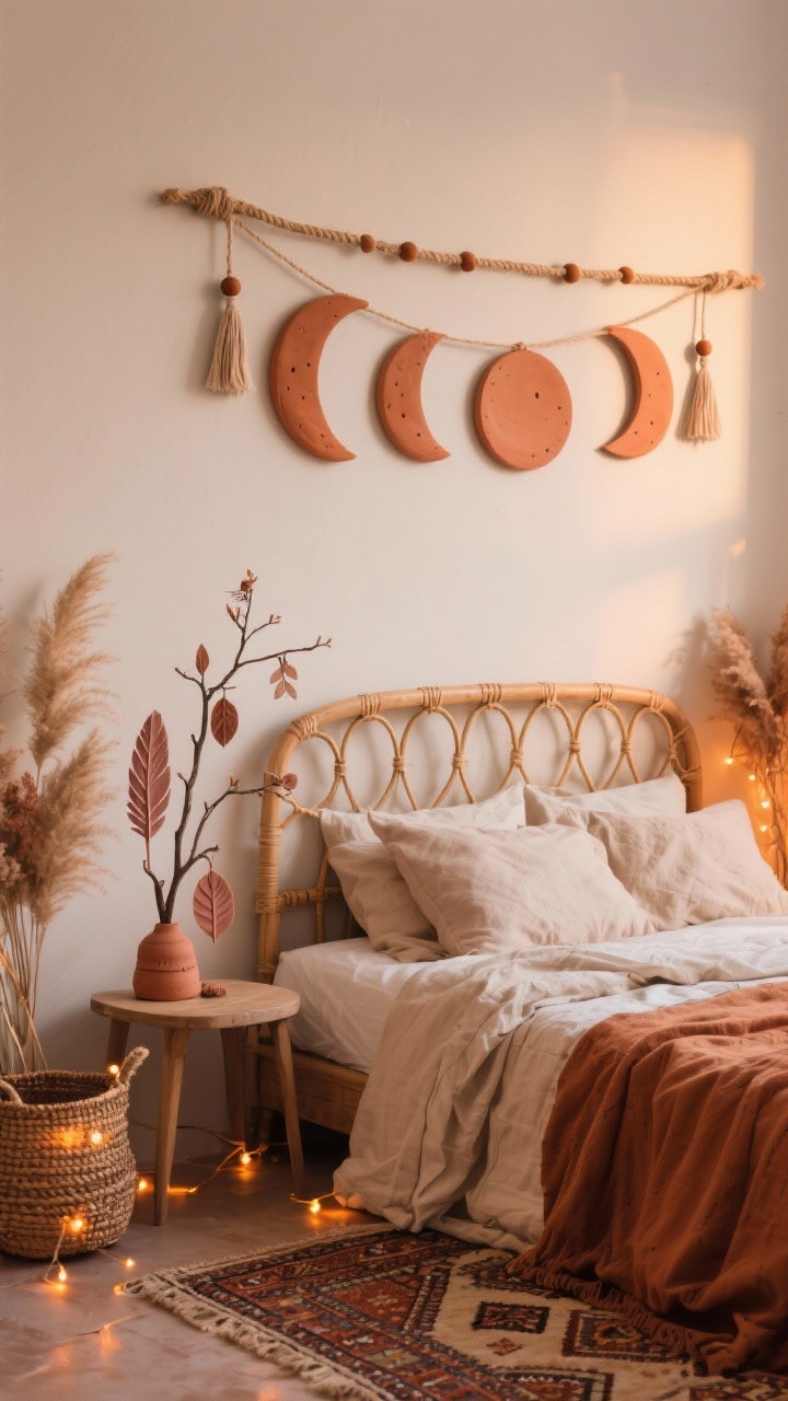Medium shot of a cozy boho bedroom wall and headboard area: rattan headboard, layered linen bedding in sand and caramel, Moroccan-style rug peeking at the bottom; terracotta clay moon-phase wall hanging (full moons and crescents) connected with jute twine, clay bead tassels at the ends; small tabletop branch adorned with clay feather and leaf ornaments in muted blush and rust; dried pampas, woven baskets, soft amber string lights; warm, calm evening lighting.
