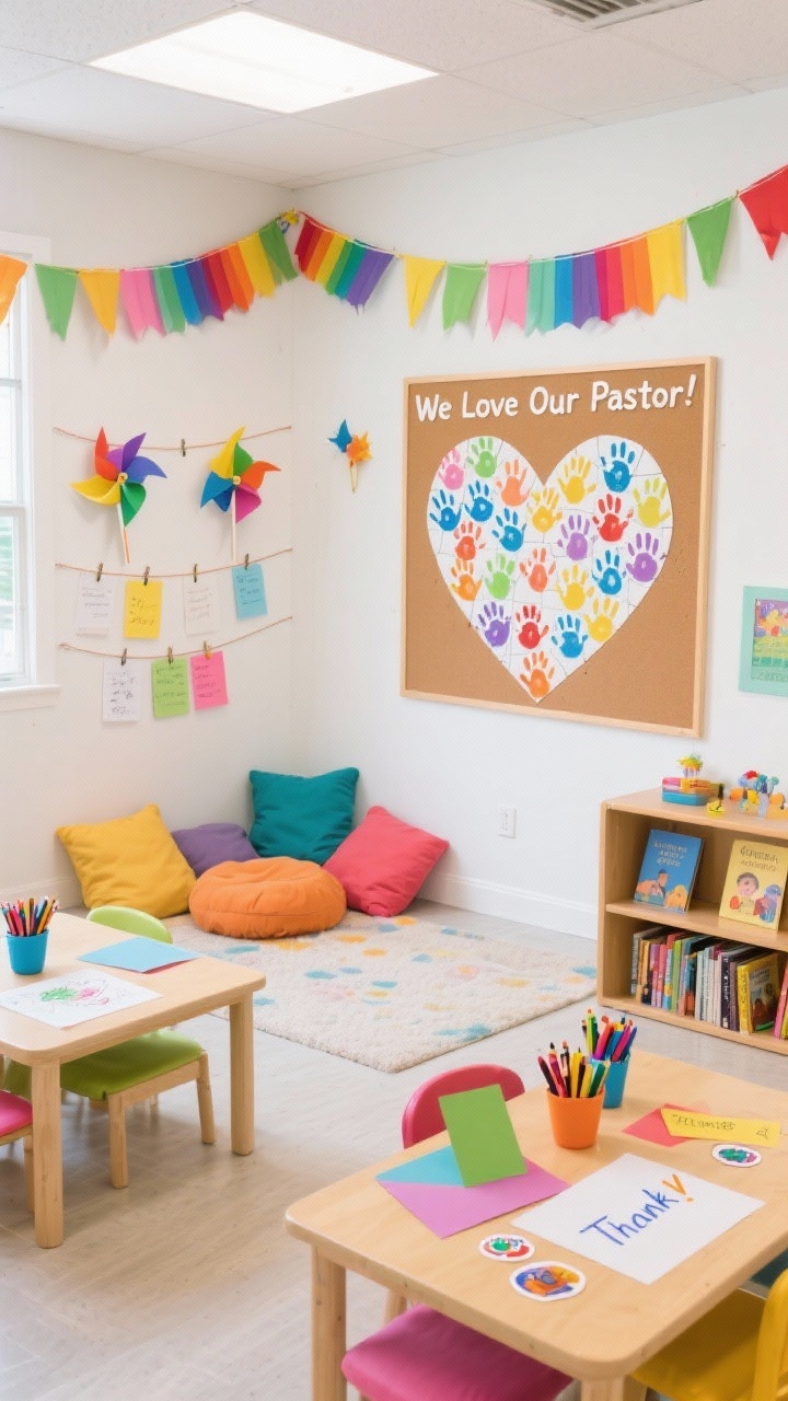 Medium shot of a kids’ corner craft nook, straight-on: bright, cheerful space with a rainbow of paper pinwheels or bunting framing a cork board labeled “We Love Our Pastor!”; kid-height tables set with crayons, colorful cardstock, and stickers for thank-you drawings; finished notes displayed on clip strings across the wall; soft floor cushions and a low bookshelf with story Bibles and devotionals; a large cardstock heart mosaic made from kids’ handprints featured prominently; palette primary brights with white to keep it airy; even, soft lighting; photorealistic, no people.