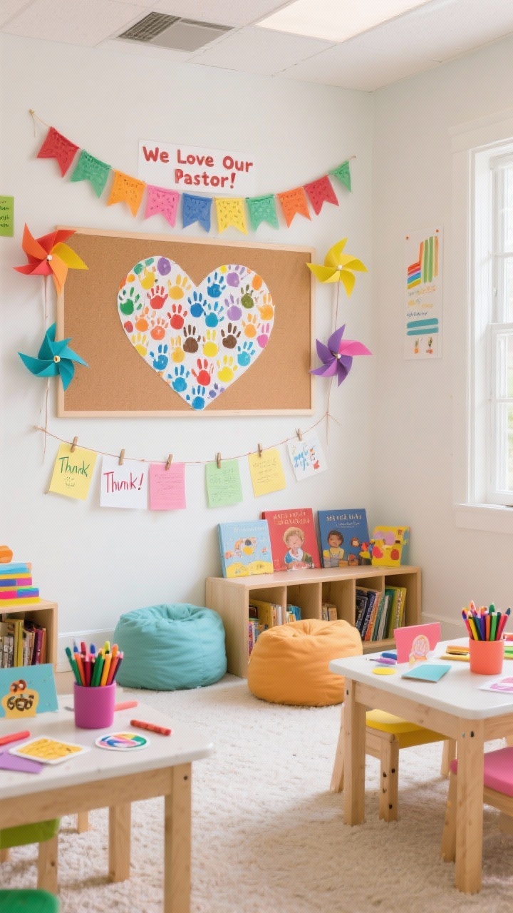 Medium shot of a kids’ corner craft nook, straight-on: bright, cheerful space with a rainbow of paper pinwheels or bunting framing a cork board labeled “We Love Our Pastor!”; kid-height tables set with crayons, colorful cardstock, and stickers for thank-you drawings; finished notes displayed on clip strings across the wall; soft floor cushions and a low bookshelf with story Bibles and devotionals; a large cardstock heart mosaic made from kids’ handprints featured prominently; palette primary brights with white to keep it airy; even, soft lighting; photorealistic, no people.