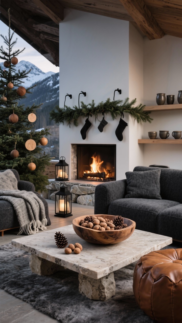 Medium shot of a modern alpine living room focused on hearth: charcoal wool sofa, low travertine coffee table, caramel leather poufs, stone-look fireplace surround; cedar garland draped cleanly over the mantle with black iron stocking hooks; sparse wooden ornaments (spheres and discs) on the evergreen tree; wool throw blankets, black iron lanterns on floor, stoneware mugs displayed on a shelf; centerpiece: a rough-hewn wood bowl filled with unshelled nuts and pinecones on the table; palette charcoal, caramel, stone, evergreen; warm, grounded evening light, photorealistic.