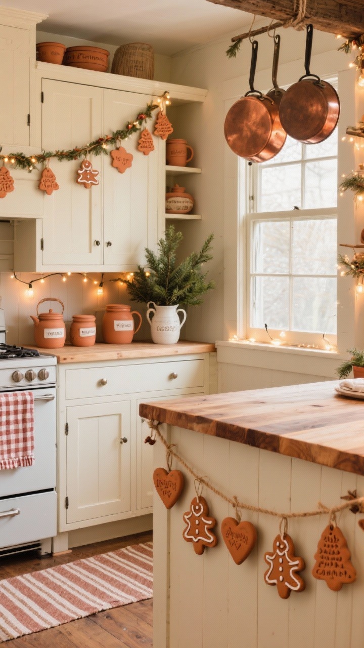 Medium shot of a rustic farmhouse kitchen vignette: buttercream shaker cabinets, butcher-block island, copper pots hanging above, striped runner on the floor; terracotta-colored clay garlands in gingerbread shapes (stars, hearts, mini trees) lightly dusted with cinnamon, threaded on twine and draped across cabinet fronts and window; stamped cookie-style clay ornaments and clay jar labels on open shelving; fresh spruce in pitchers, gingham tea towels, warm glowing fairy lights; cozy, warm ambient lighting.