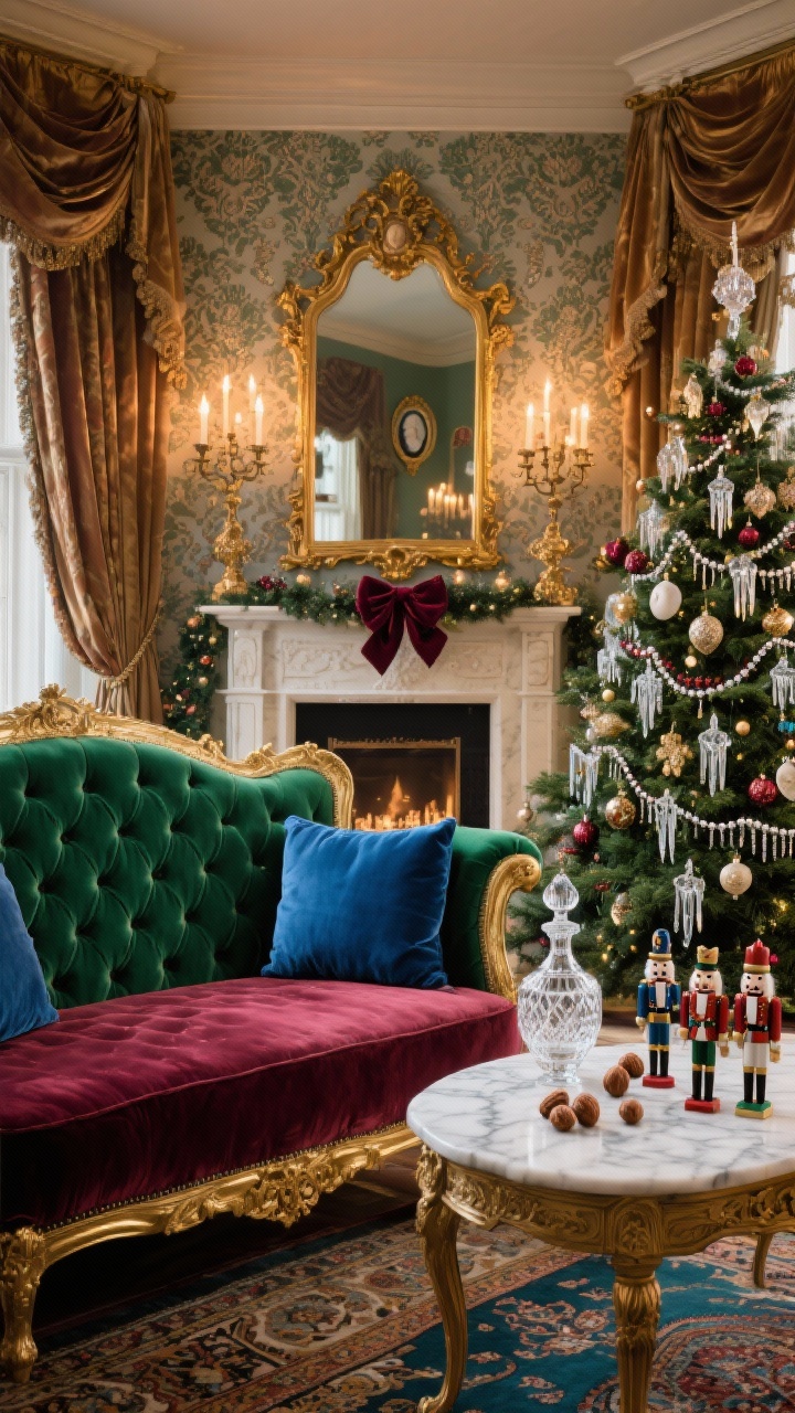 Medium shot of a Victorian jewel-box sitting room straight-on: emerald, burgundy, and sapphire velvet with gold accents. A velvet tufted settee framed by silk drapes, gilded mirror over the mantel. Christmas tree adorned with glass icicles, cameo ornaments, velvet bows, and beaded garlands. Marble‑topped side table with a crystal decanter set and vintage nutcracker collection. Patterned wallpaper, Persian rug, candelabras casting warm candlelit glow. Opulent, heirloom glamour, photorealistic.