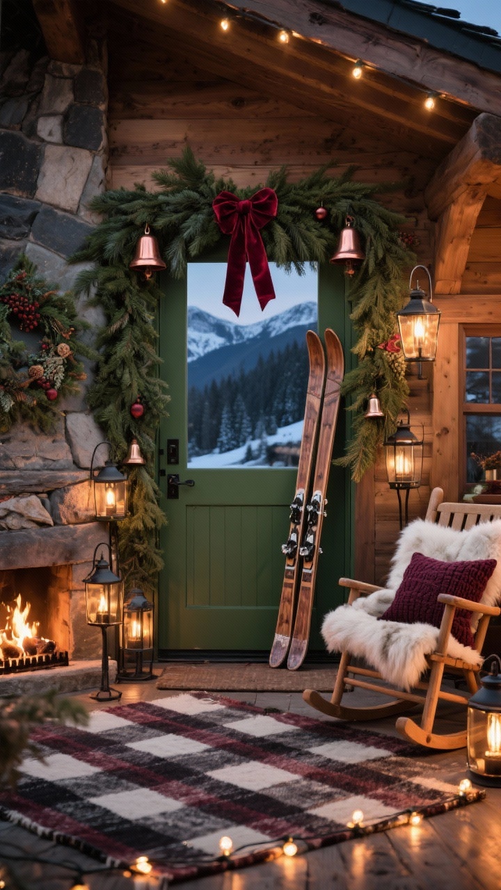 Medium shot of an alpine ski chalet entry at evening: thick pine-and-cedar garland draped across the doorway with copper bells and burgundy velvet ribbon; a pair of vintage wooden skis propped by the door; iron lanterns clustered at different heights; rocking chairs with faux fur throws and knit pillows in ivory and wine; a buffalo check rug grounding the scene; Edison-style string lights casting a warm fireside glow; palette of forest green, burgundy, charcoal, and cream, photorealistic.
