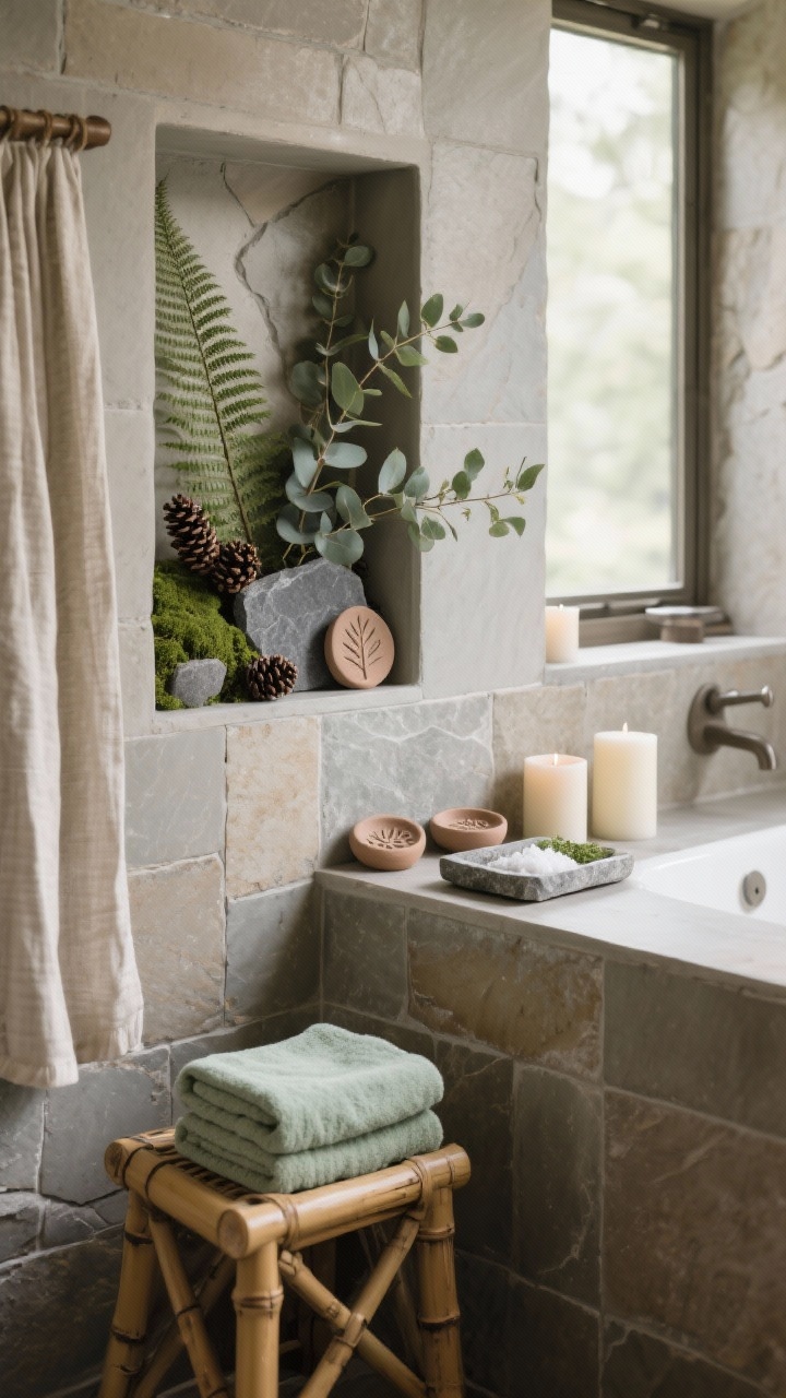Medium shot of an earthy zen bathroom niche and window ledge: stone tile backdrop, soft sage towels on a bamboo stool; stone-effect clay botanicals—fern fronds, eucalyptus sprigs, tiny pinecones—in slate, clay gray, and moss arranged in a shallow shadow box and a few pieces placed on the ledge; clay soap dishes with subtle pressed-leaf textures on a stone tray beside bath salts; soft candles and a linen shower curtain; tranquil, spa-like diffused daylight.
