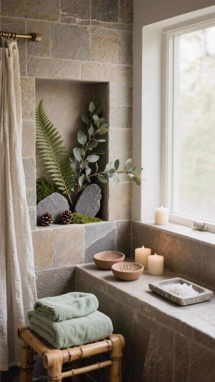Medium shot of an earthy zen bathroom niche and window ledge: stone tile backdrop, soft sage towels on a bamboo stool; stone-effect clay botanicals—fern fronds, eucalyptus sprigs, tiny pinecones—in slate, clay gray, and moss arranged in a shallow shadow box and a few pieces placed on the ledge; clay soap dishes with subtle pressed-leaf textures on a stone tray beside bath salts; soft candles and a linen shower curtain; tranquil, spa-like diffused daylight.
