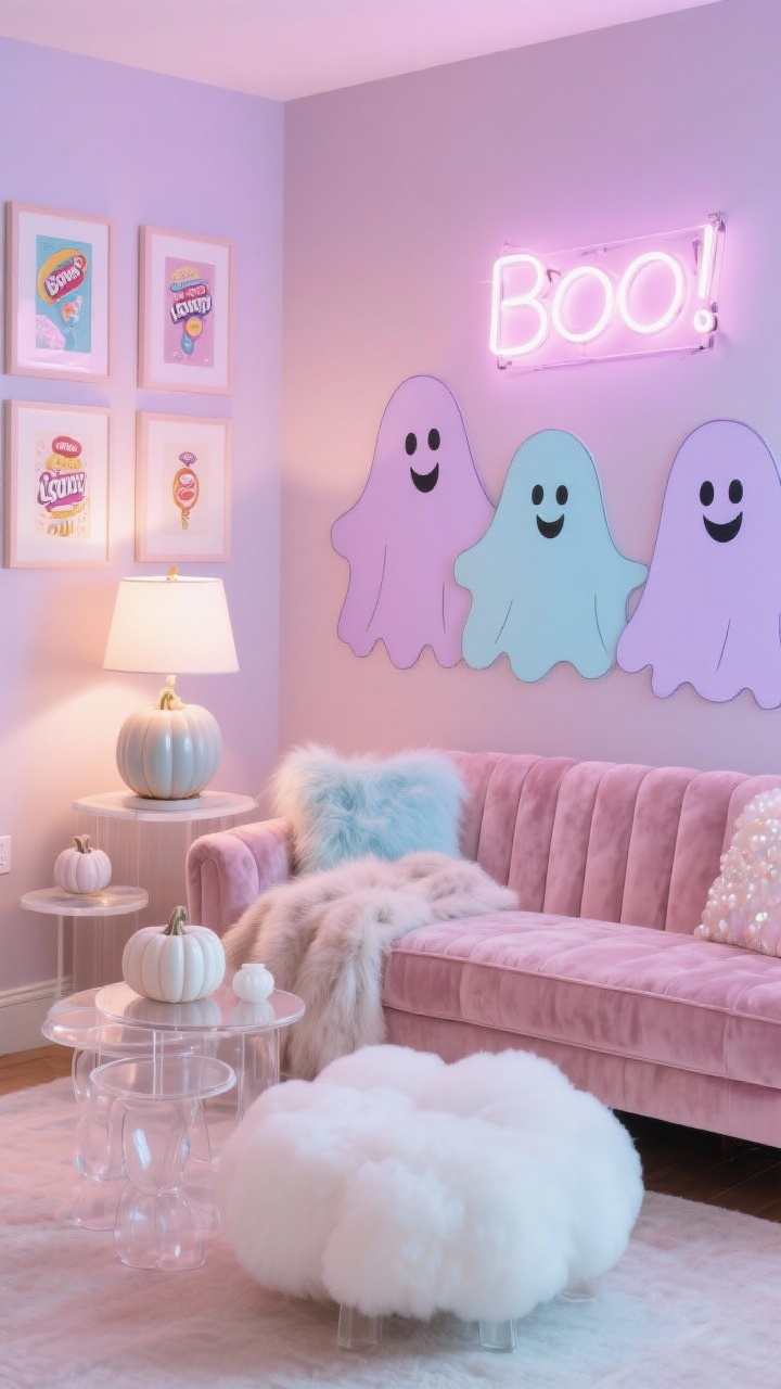 Medium shot, pastel ghost party parlour with an iPhone wallpaper of smiling pastel ghosts on a blush or lavender background; blush velvet loveseat, cloud-shaped ottoman, acrylic nesting tables, pastel gallery frames showcasing vintage candy wrapper art; neon “Boo!” sign glowing, ceramic pumpkin lamp on a side table; textures of velvet, faux fur throws, pearly ceramics; color palette blush, lilac, baby blue, milk glass white; photorealistic, soft diffused lighting.