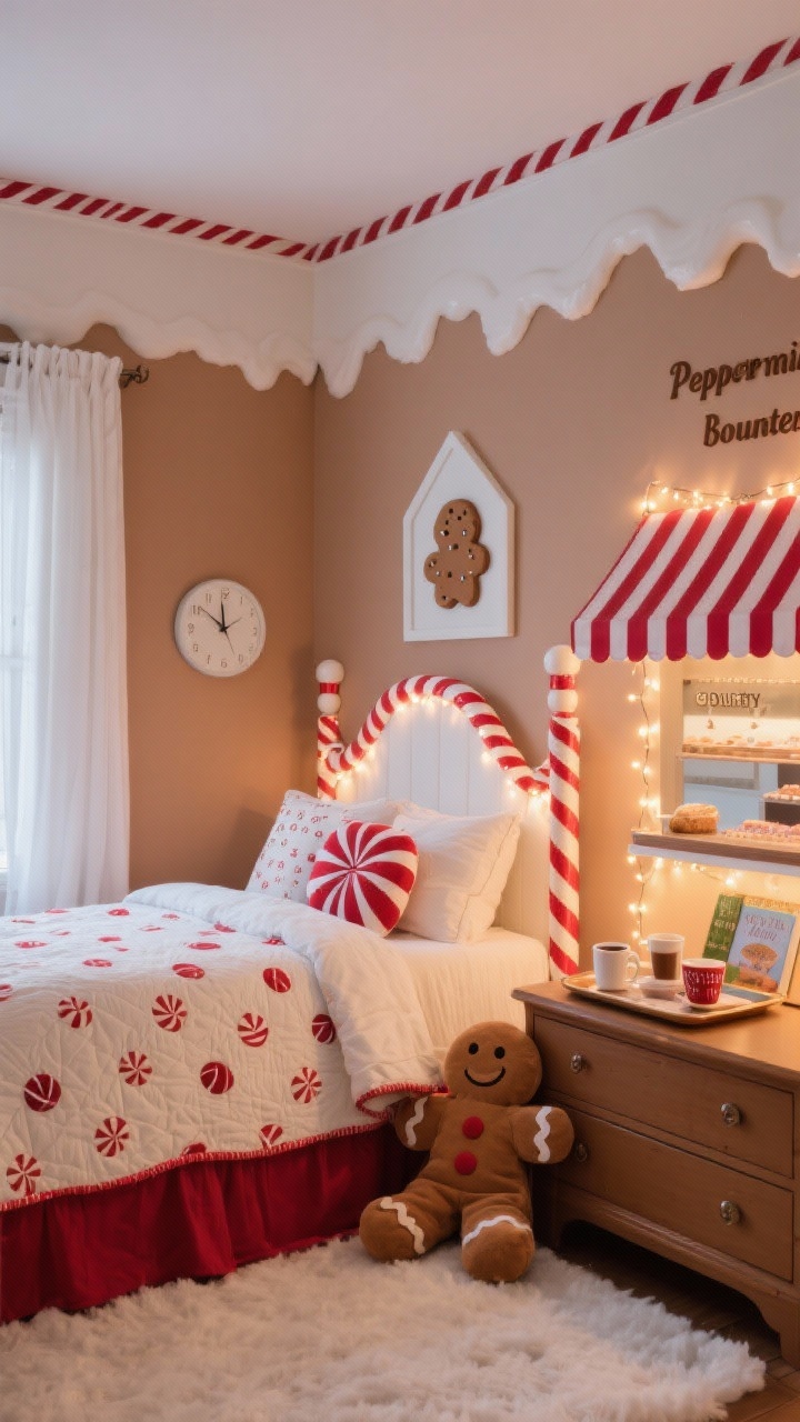 Medium shot, Peppermint Bakery Bedroom: a cozy bedroom with lower walls in soft gingerbread tan, upper walls frosting white, separated by a peppermint stripe border. A house-frame canopy bed wrapped in red-and-white ribbon lights, dressed with a quilt dotted like candy, peppermint throw pillows, and a gingerbread man plush at the foot. A dresser transformed with a striped awning into a “pastry counter,” topped with a tray for bedtime stories and cocoa mugs. Candy cane curtain rods with white blackout curtains, plus a peppermint wall clock and cookie-cutter wall art. Palette: peppermint red, snowy white, cookie brown. Warm evening glow from string lights, photorealistic.