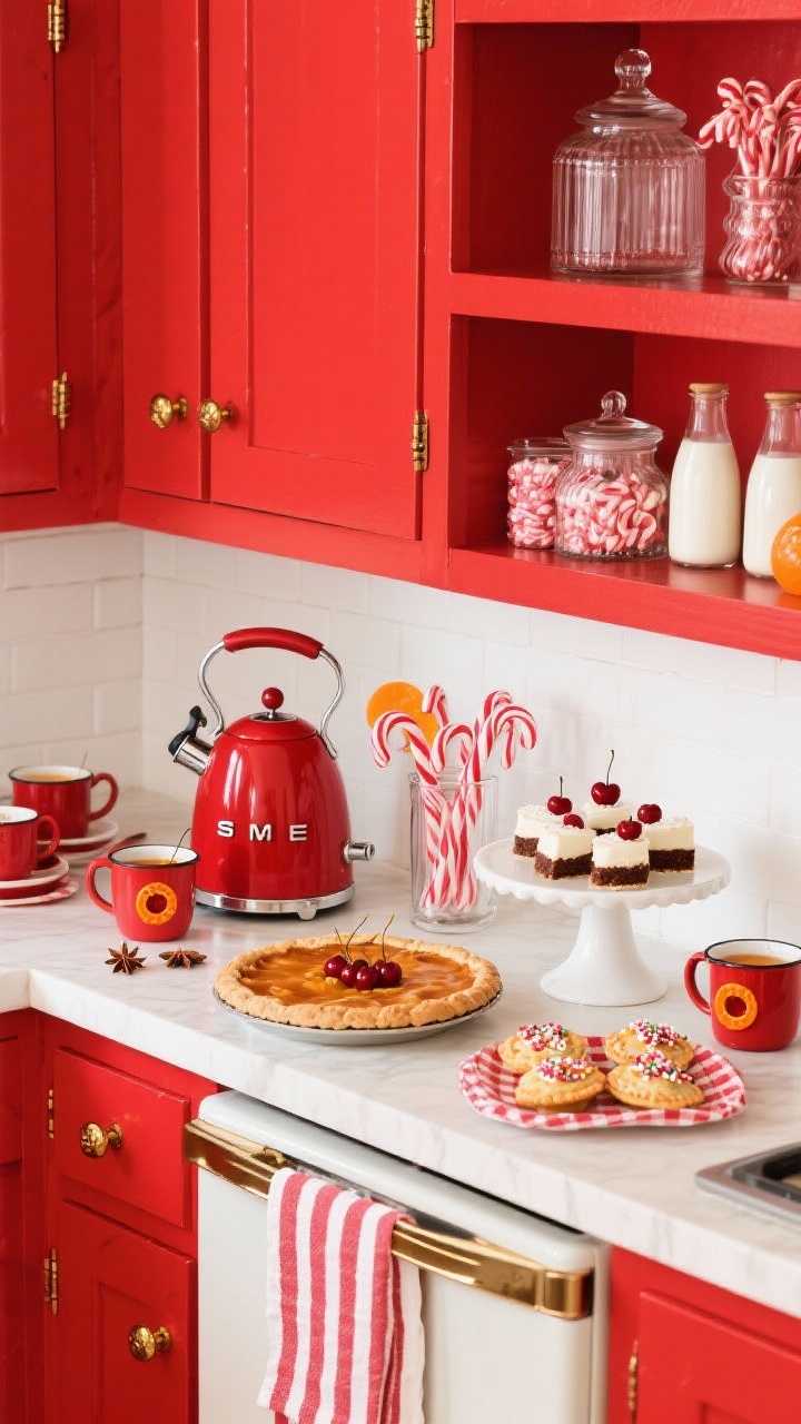 Medium shot, straight-on at counter height: A retro red-and-peppermint kitchen party scene with glossy red accents. Striped tea towels, brass hardware on cabinets, open shelves lined with milk glass. A red SMEG kettle and a cherry pie cooling on the counter. Peppermint dessert station: candy cane cheesecake bites on cake stands, white-chocolate peppermint bark on gingham liners, mini cherry hand pies with candy sprinkles in glass apothecary jars of candy canes. Enamel mugs filled with hot toddies and mulled cider, garnished with star anise and orange wheels. Color palette: cherry red, crisp white, brass. Bright, cheerful lighting. Photorealistic.