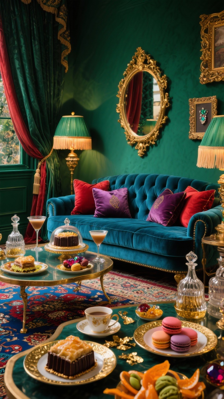 Medium shot, straight-on: Maximalist jewel-tone parlor featuring deep emerald walls, a sapphire velvet sofa piled with ruby and amethyst pillows, velvet drapes, a gilded mirror, baroque frames, fringed lampshades, and a patterned Persian rug. Dessert salon styled like a jewelry case: cake domes and gold-rimmed plates presenting pistachio baklava, dark chocolate tarts, candied orange peels, and jewel-toned macarons, with touches of edible gold leaf. Crystal decanters and espresso martinis, spiced chai in elegant cups. Warm, sumptuous lamplight. Palette: emerald, sapphire, ruby, antique gold. Photorealistic.