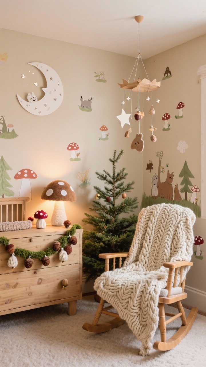Medium shot — Woodland Storybook Nursery: Cozy nursery with soft mushroom beige walls hand-painted with tiny woodland creatures and toadstools; a mini spruce on a dresser decorated with felt acorn garlands, knitted mushrooms, and tiny bells; a rocking chair draped in a thick cable-knit throw; a paper moon hanging over the crib with a stardust mobile; a warm glow from a mushroom-shaped lamp; materials of felt, knit, unfinished wood, and paper; colors of mushroom, moss, berry, and cream; gentle, storybook warmth.
