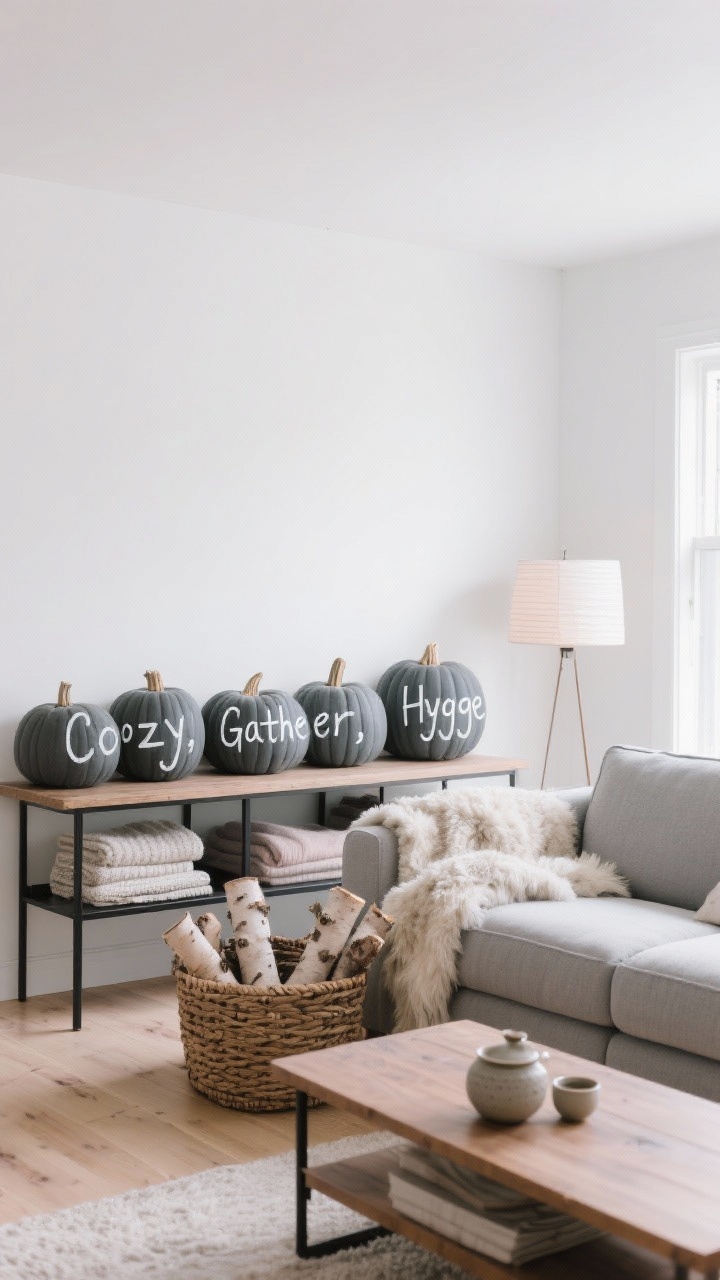Medium straight-on console shot: A Scandinavian family room with white walls, pale oak floors, and a soft gray sectional; on the media console, a row of charcoal chalk-painted pumpkins hand-lettered with “Cozy,” “Gather,” and “Hygge”; add a shearling throw over the sofa arm, birch logs in a woven basket, a low-profile oak coffee table with a ceramic tea set; accents in dove gray, warm white, dusty blush; minimal black metal shelf with folded wool blankets; soft diffusion from a paper lantern floor lamp, photorealistic.