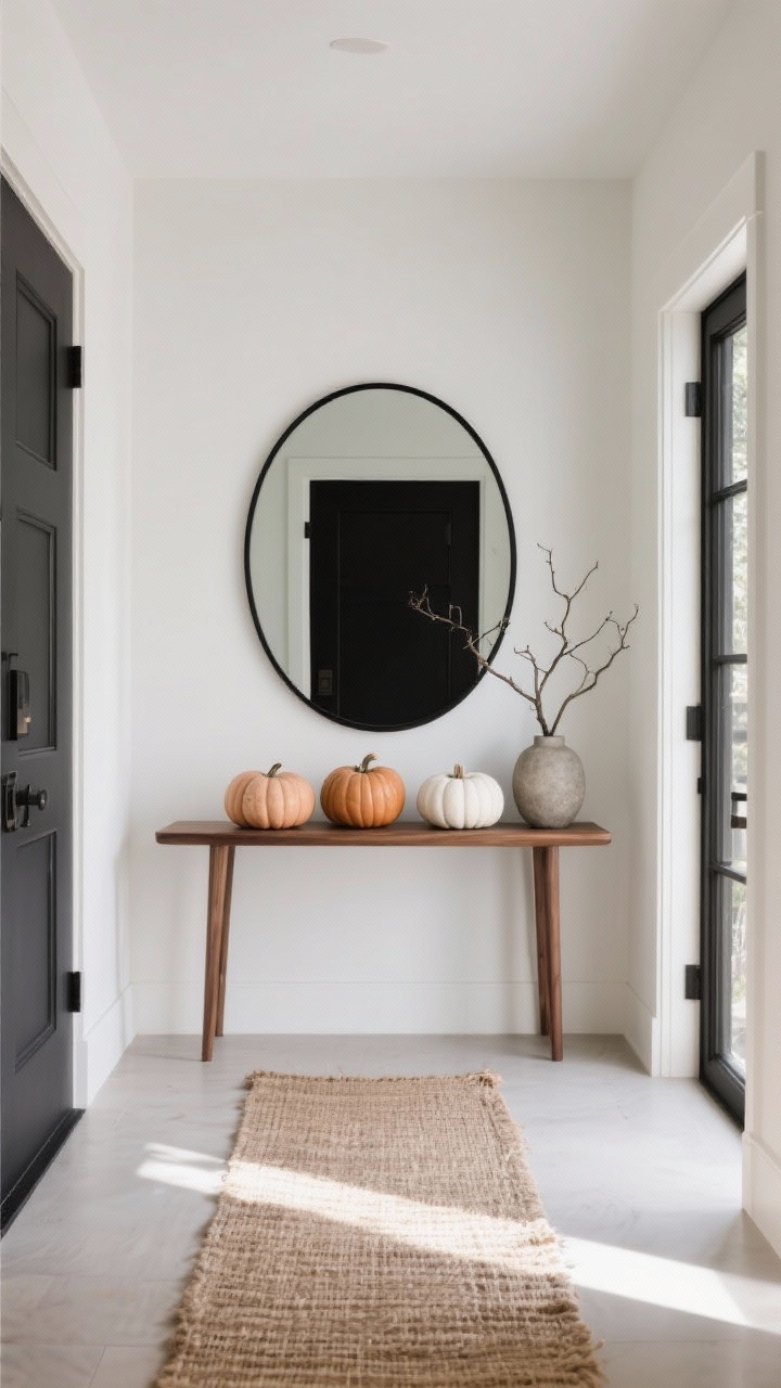 Medium, straight-on entryway: a slim oak console beneath a round black-framed mirror, a trio of matte chalk-painted pumpkins in soft stone, clay, and warm white acting as sculptural objects; a jute runner on the floor, a single branch in a simple ceramic vase; clean lines, negative space, black accents; soft natural daylight with gentle shadows; photorealistic, no people.