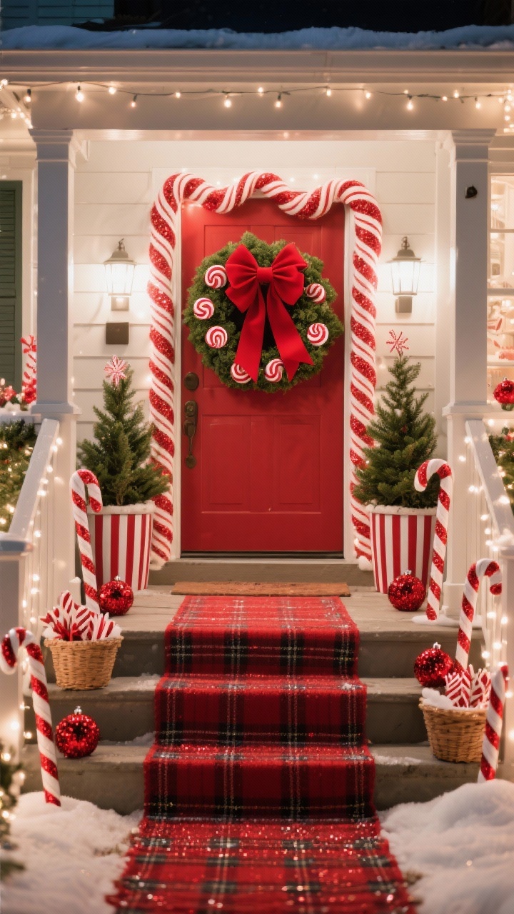 Medium, straight-on festive porch scene at night: spiral candy cane garland framing the doorway; wreath adorned with peppermint picks and oversized red satin bows; striped planters with dwarf spruces on each side; steps lined with candy cane stakes and baskets of glittery red ornaments; a red buffalo plaid runner along the entry; red-and-white twinkle lights creating a sweet shop glow; palette of cherry red, white, evergreen, and sparkle, photorealistic.