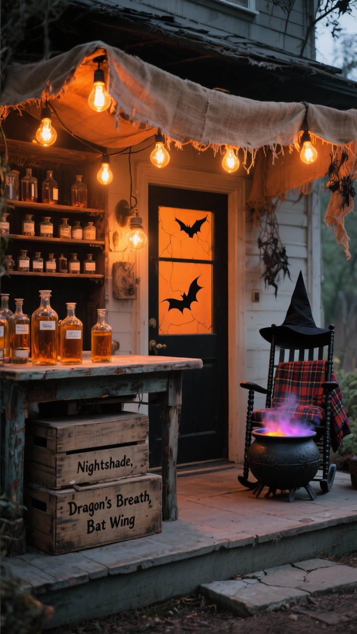 Medium, straight-on porch vignette at dusk: a witchy apothecary market stall entryway with a weathered table used as a counter, vintage crates stacked, and amber glass bottles labeled “Nightshade,” “Dragon’s Breath,” and “Bat Wing”; a tattered burlap canopy overhead; warm amber Edison bulbs strung across; a black rocking chair with a pointed witch’s hat and plaid throw; a cast-iron cauldron emitting colored LED mist beside the door; palette of burnt orange, soot black, aged amber; subtle crackle-and-crow ambiance implied; cozy yet eerie glow, no people.