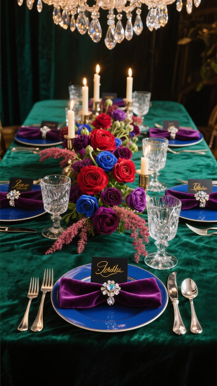 Medium, straight-on shot of a jewel-tone glam table: deep emerald velvet tablecloth with rich texture, midnight blue chargers beneath cream bone china; lush garland centerpiece of ranunculus, roses, and amaranthus in ruby, plum, and sapphire hues; cut-crystal candleholders and faceted glassware sparkling under warm chandelier light. Plum velvet napkins with crystal brooch napkin rings, mirror-polished stainless flatware, black place cards with metallic gold calligraphy. Dramatic, luxurious, glam without stuffy, photorealistic.