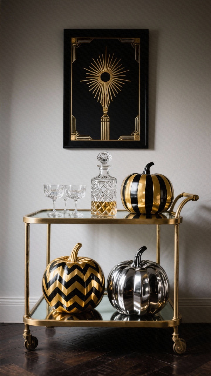 Medium straight-on shot of an art-deco bar cart scene: brass-and-glass bar cart styled with coupe glasses, a cut-crystal decanter, and geometric metallic pumpkins in gold, black, and chrome. Pumpkins feature crisp painter’s-tape patterns—chevrons, sunbursts, and layered stripes—with glossy finishes. A framed black-and-gold print on the wall behind reinforces 1920s glamour; moody, sophisticated lighting with subtle reflections on chrome and crystal.