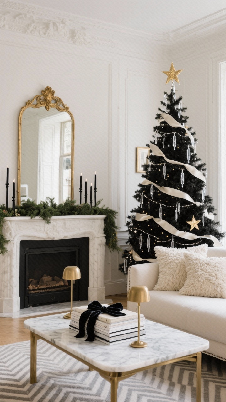 Medium straight-on shot: Parisian Noël in black and cream with a slim tree sparkling with black-and-ivory ribbons, glass icicles, and delicate gold stars; restrained mantel with a thin greenery garland, black taper candles, and a gilded mirror; creamy upholstery accented by boucle and silk pillows; marble coffee table and brass picture lights; subtle herringbone and pinstripe patterns; a stack of coffee-table books tied with a velvet ribbon; elegant, softly lit.