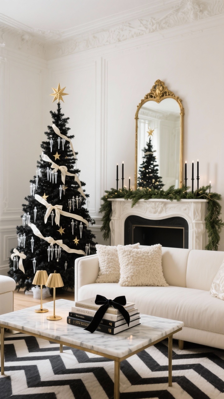 Medium straight-on shot: Parisian Noël in black and cream with a slim tree sparkling with black-and-ivory ribbons, glass icicles, and delicate gold stars; restrained mantel with a thin greenery garland, black taper candles, and a gilded mirror; creamy upholstery accented by boucle and silk pillows; marble coffee table and brass picture lights; subtle herringbone and pinstripe patterns; a stack of coffee-table books tied with a velvet ribbon; elegant, softly lit.