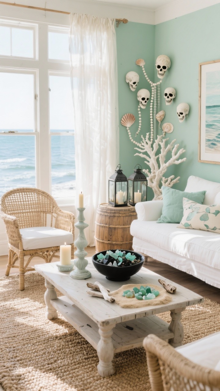 Medium sunroom scene with coastal-halloween blend: iPhone wallpaper of delicate seashells mingled with tiny skulls on pale sea-glass green; white slipcovered settee, rattan barrel chairs, bleached wood coffee table; sisal rug, gauzy curtains catching seaside light; coral-shaped candleholders, bone-colored bead garlands, coastal art; cluster of lanterns and a bowl of black sea glass centerpiece; palette sea-glass, sand, white, driftwood; photorealistic, airy daylight.