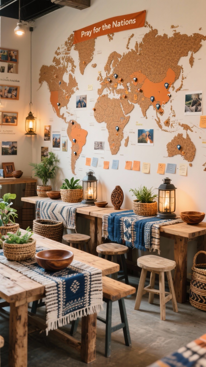 Medium table scene at a global mission market, angled view: raw wood tables draped with woven textiles—mudcloth, ikat, indigo—layered for texture; a large cork world map on the wall with pins marking supported missions, surrounded by photos and prayer cards; lanterns, carved wood bowls, and handwoven baskets arranged thoughtfully; basket planters with greenery; a warm terracotta “Pray for the Nations” banner; neutral base with terracotta, indigo, and earthy greens; simple stools tucked under tables; interactive prayer wall area with sticky notes over regions; warm ambient lighting; photorealistic, no people.