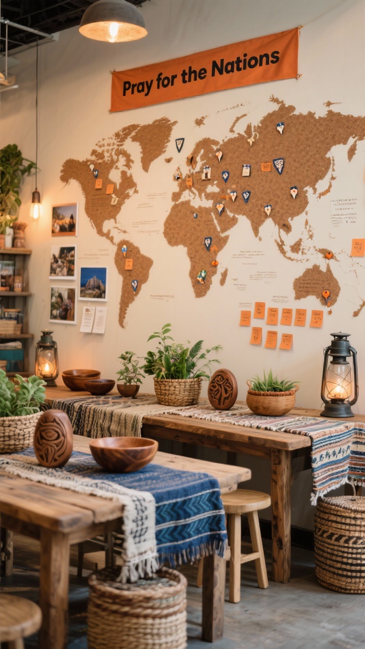Medium table scene at a global mission market, angled view: raw wood tables draped with woven textiles—mudcloth, ikat, indigo—layered for texture; a large cork world map on the wall with pins marking supported missions, surrounded by photos and prayer cards; lanterns, carved wood bowls, and handwoven baskets arranged thoughtfully; basket planters with greenery; a warm terracotta “Pray for the Nations” banner; neutral base with terracotta, indigo, and earthy greens; simple stools tucked under tables; interactive prayer wall area with sticky notes over regions; warm ambient lighting; photorealistic, no people.