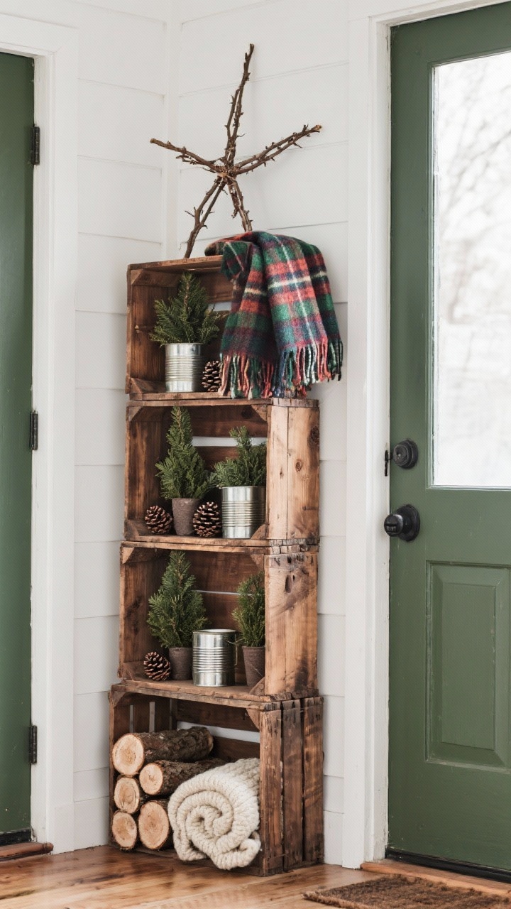 Medium vignette beside a front door: stacked wooden crates at varying heights acting as rustic shelves; crates stained walnut/coffee; inside, mini evergreens in tin cans, pinecones, and wool blankets rolled like logs; a compact twig star (yard-stick style) perched on top; a classic plaid scarf draped casually; palette deep green, walnut, cream, classic plaid; soft overcast daylight; three-quarter angle.