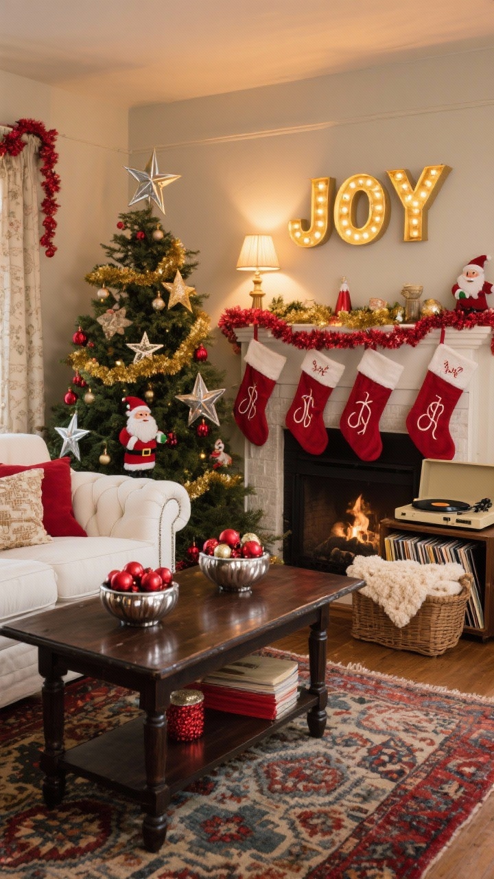Medium, vintage storybook nook: roll-arm white sofa, dark wood coffee table, patterned wool rug with hints of red; mercury glass ornaments displayed in bowls on the table; red-and-white stockings with embroidered initials hanging from the mantel; full sentimental tree with tin stars, vintage-style Santas, red glass garlands, and gold tinsel; record player with holiday vinyls stacked nearby and a basket of chenille throw blankets; cream, classic red, antique gold; warm, nostalgic lamplight; retro marquee sign spelling JOY in gold on the mantel.