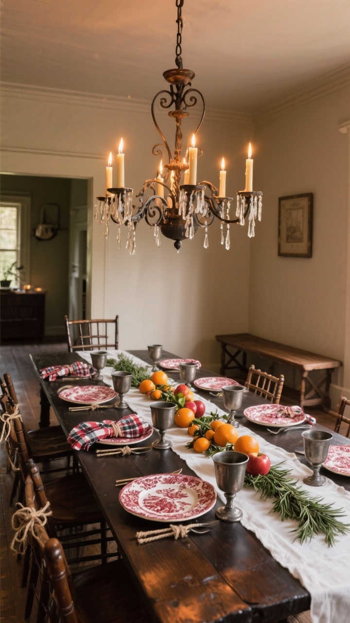 Medium-wide colonial dining room from a slight corner angle: a long dark‑stained farmhouse table under a wrought-iron chandelier fitted with faux dripping candles for warm colonial glow. Table styled with white linen runners, red transferware plates, pewter goblets, a centerpiece of cloved oranges and apples, and simple greenery down the center. Ladder-back chairs with a Windsor bench on one side, plaid napkins tied with twine and a sprig of rosemary. Walls in warm ivory/taupe, evening candlelit ambiance, photorealistic heritage charm.