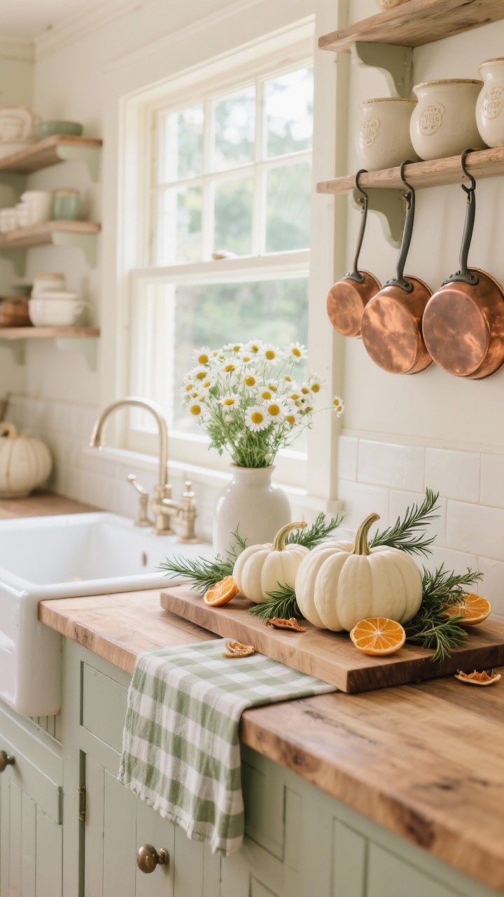 Medium-wide cottage kitchen vignette: butcher-block island with a gingham runner, open shelving with cream stoneware, large farmhouse sink beneath a bright window. Along the windowsill, creamy white herb-pressed pumpkins decorated with tiny ferns, rosemary sprigs, and dried orange slices sealed smooth, arranged in a neat row. Copper pots hang on a rail, a vase of fresh chamomile on the island. Palette of cream, sage, copper, soft wood; morning natural light, handcrafted and homey, photorealistic.